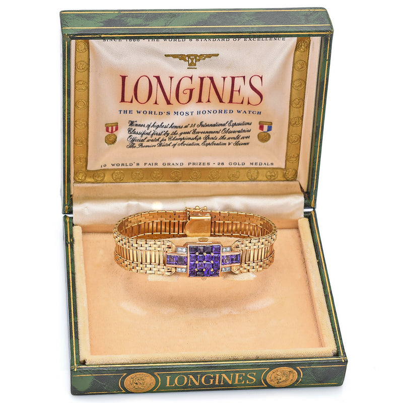 Vintage 14K Yellow Gold Amethyst & Diamond Hand Wind Women's Watch +Box