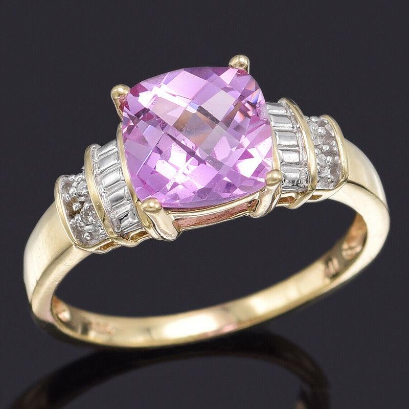 Vintage 10K Yellow Gold Pink Sapphire & Diamond Band Ring