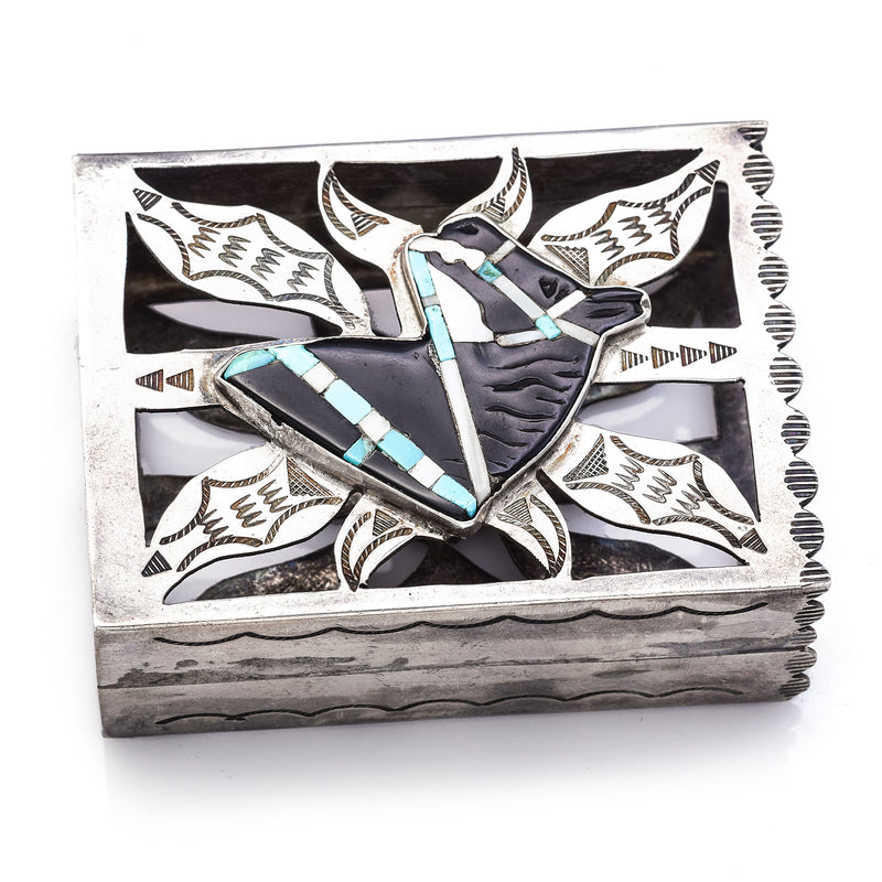 Vintage Sterling Silver Onyx Turquoise MOP Southwestern Horse Match Box Holder