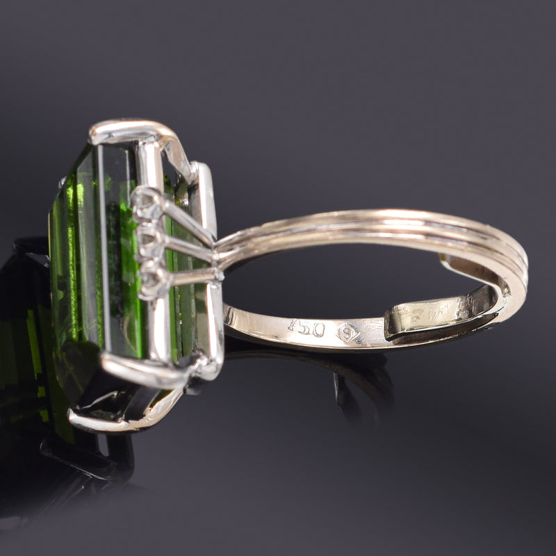 Vintage 18K Gold 7.62 Ct Green Tourmaline & Diamond Cocktail Ring 6.2 Gr F/G VS