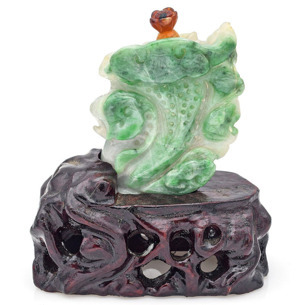 Antique Chinese Green Jade Carved Cabbage Snuff Bottle + Wood Stand 154.5 Grams