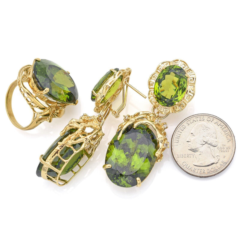 Heavy 14K Gold 111.44 TCW Peridot & Diamond Interchangeable Earrings & Ring Set