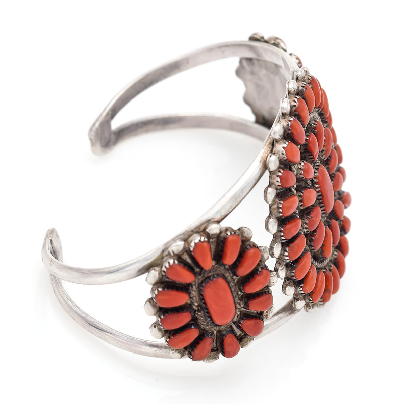 Vintage Marie Donna Besselente Zuni Sterling Silver Red Coral Cuff Bracelet