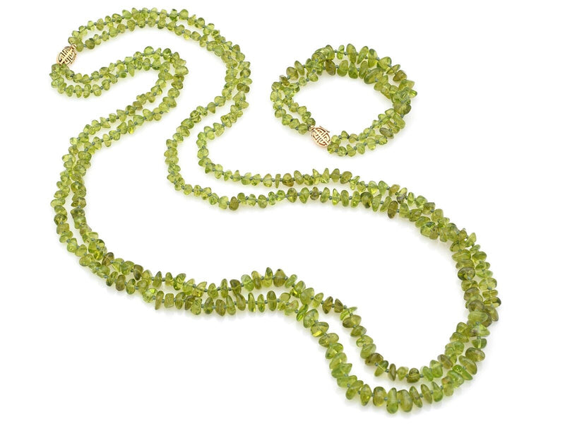 Vintage GUMP'S 14K Yellow Gold Peridot Beaded Strand Bracelet & Necklace Set