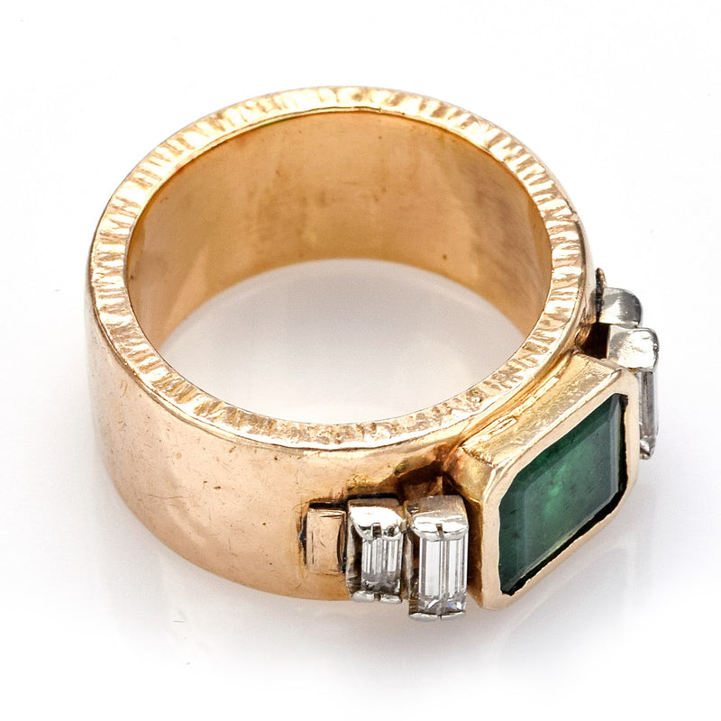 Vintage 14K Yellow Gold Emerald & 0.48 TCW Diamond Hand Made Wide Band Ring