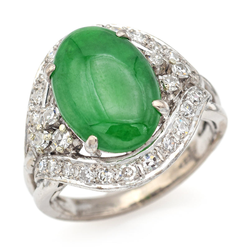 Vintage 14K White Gold 3.37 Ct Imperial Green Jade & 0.61 TCW Diamond Oval Ring