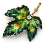 Vintage 14K Yellow Gold 0.20 Ct Diamond Enamel Leaf Brooch Pin