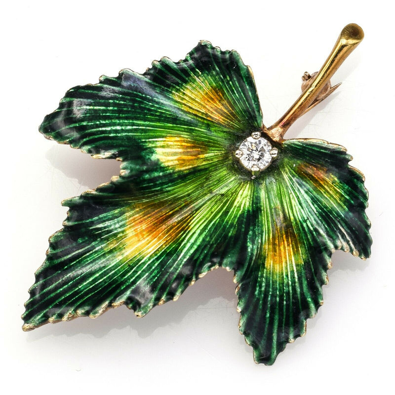 Vintage 14K Yellow Gold 0.20 Ct Diamond Enamel Leaf Brooch Pin
