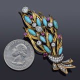 Vintage 14K Yellow Gold Turquoise, Ruby & 1.87 TCW Diamond Brooch Pin 14.0G