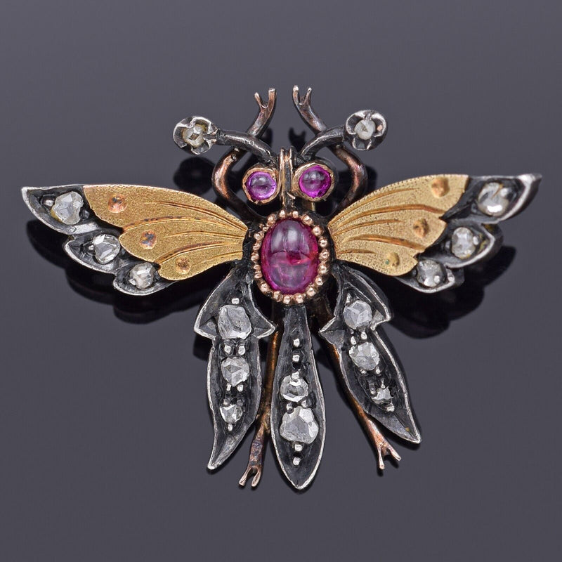 Antique 14K Gold & Sterling Silver Ruby & Rose Cut Diamond Butterfly Pendant