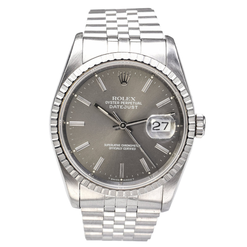 Vintage Rolex Datejust Watch Dark Grey Rhodium Dial Ref 16220