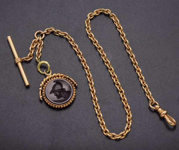 Antique 14K Yellow Gold Onyx Intaglio Pocket Watch Chain Fob 13 Inches