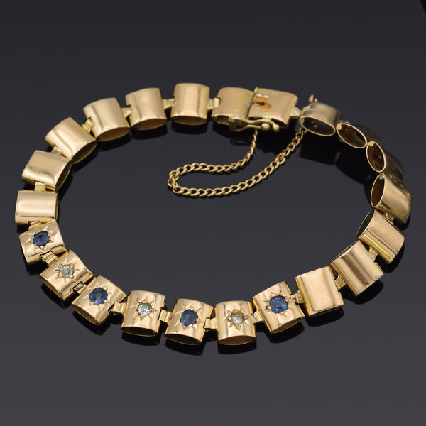 Antique Victorian 14K Yellow Gold Sapphire & Diamond Link Bracelet