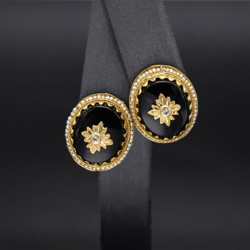 Antique 14K Gold Onyx, Sea Pearl & White Topaz Mourning Drop Earrings 6.3 Grams