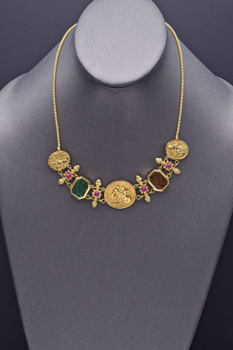 Vintage 18K Gold Italian Tagliamonte Ruby & Venetian Glass Cameo Necklace 25.8G