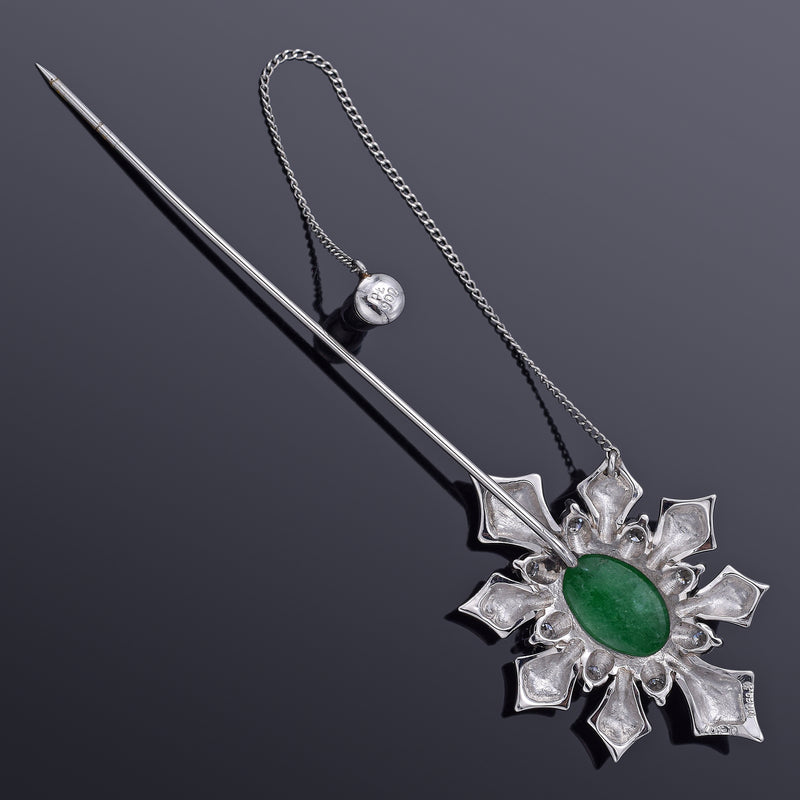 Vintage Platinum Green Jade & 0.41 TCW Diamond Brooch Pin