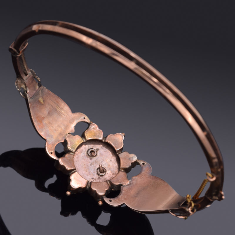 Antique Victorian 10K Gold 0.91 TCW Rose Cut Diamond Hinged Bangle Bracelet