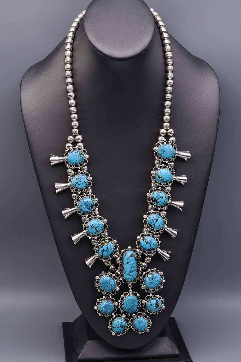 Vintage Sterling Silver Turquoise Southwestern Squash Blossom Necklace