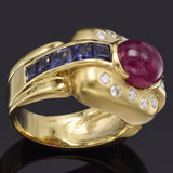 Vintage 14K Gold Natural Pink Tourmaline, Iolite & Diamond Band Ring