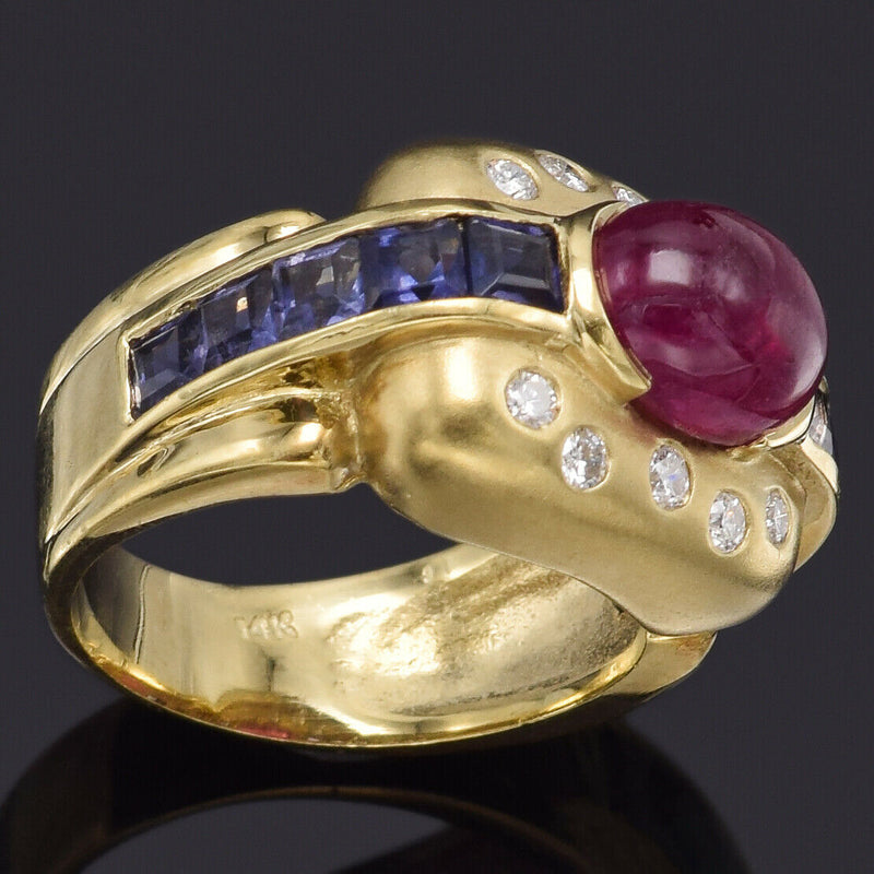 Vintage 14K Gold Natural Pink Tourmaline, Iolite & Diamond Band Ring