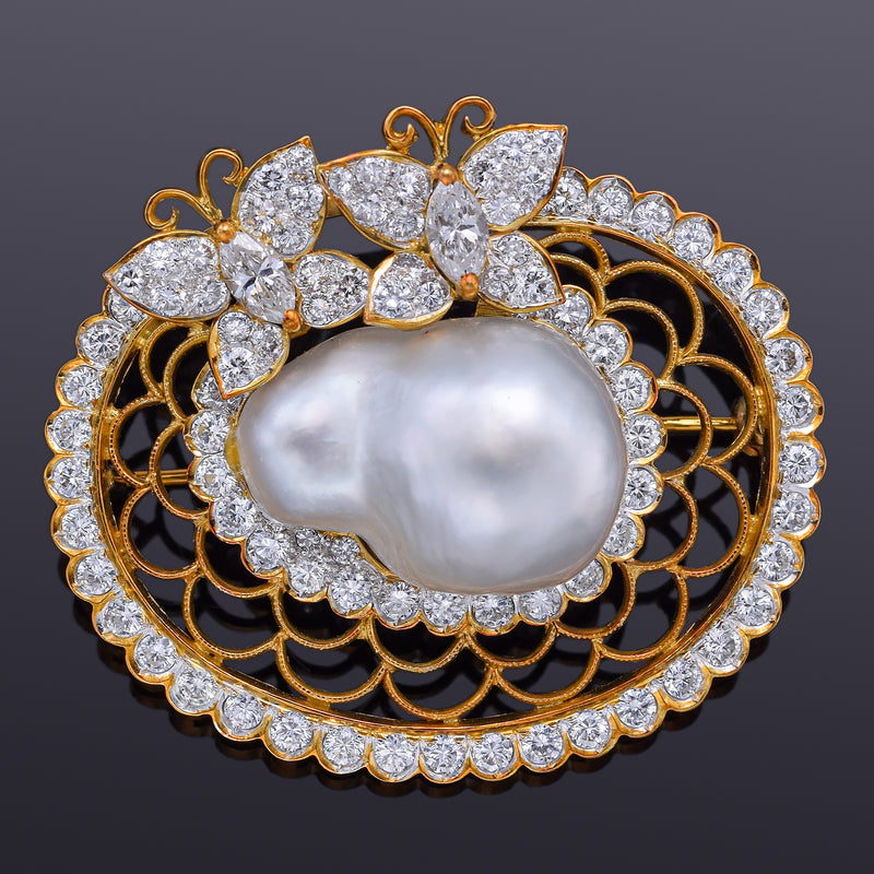 Vintage 18K Gold Baroque South Sea Pearl & 3.33 TCW Diamond Brooch Pin Pendant