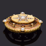 Antique Victorian 18K Gold 0.51TCW Diamond, Ruby, Sea Pearl Starburst Brooch Pin