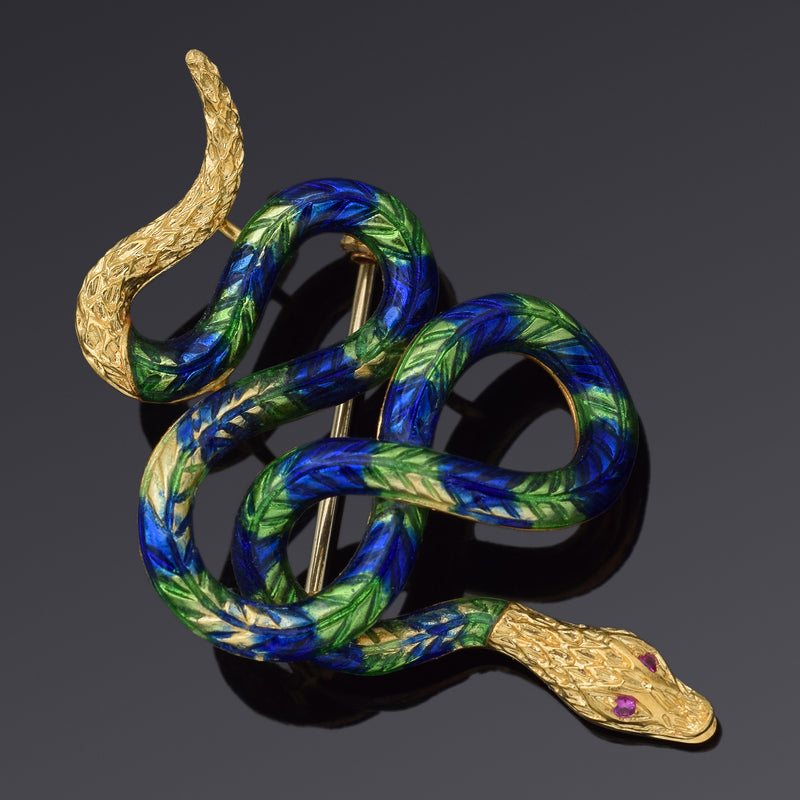 Vintage 18K Yellow Gold Ruby Green & Blue Enamel Snake Brooch Pin