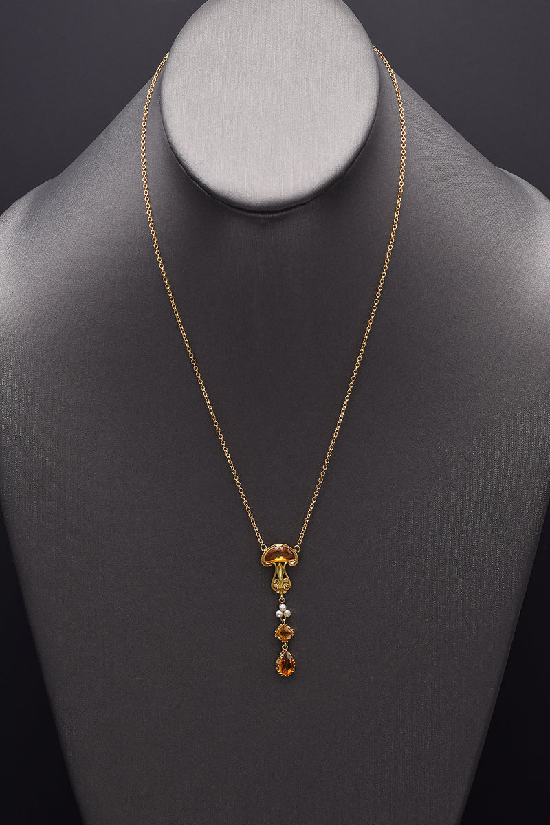 Antique 14K Yellow Gold Citrine & Sea Pearl Necklace
