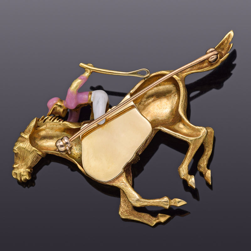 Vintage 18K Gold Diamond Enamel Horse and Jockey Equestrian Brooch Pin