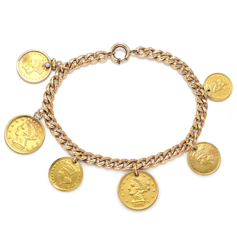 Antique 14K Gold Diamond Love Token Bracelet - US 4x $1 & 2x $2 1/2 Liberty Gold