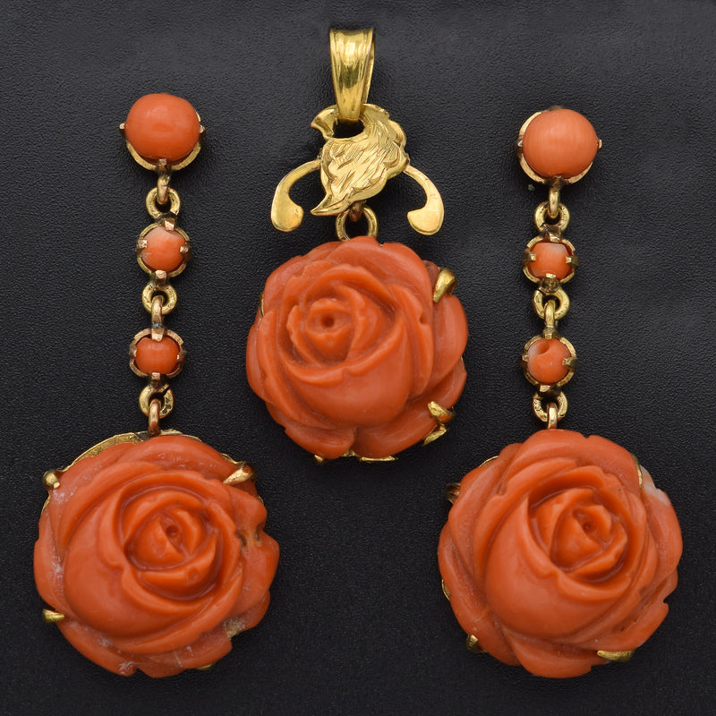 Vintage 18K Yellow Gold Red Coral Carved Rose Flower Pendant & Earrings Set