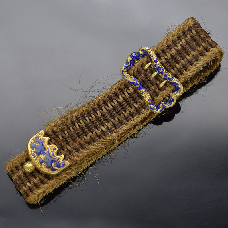 Antique Victorian 18K Yellow Gold Woven Hair Mourning Enamel Bracelet