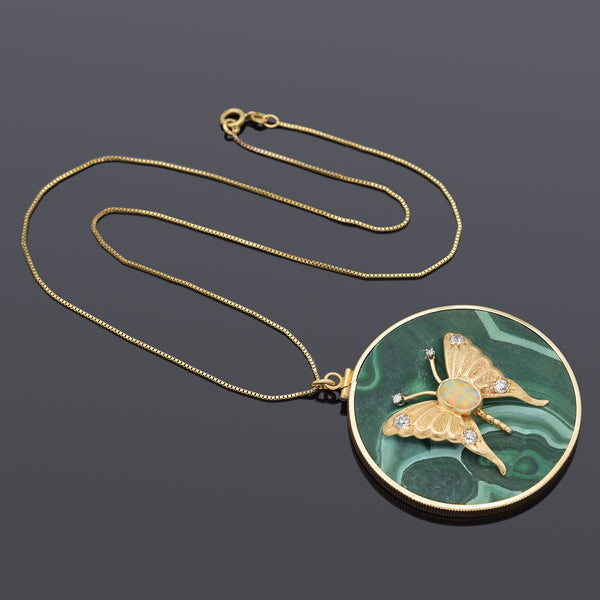 Vintage 14K Gold Malachite, Opal & Diamond Butterfly Large Pendant Necklace