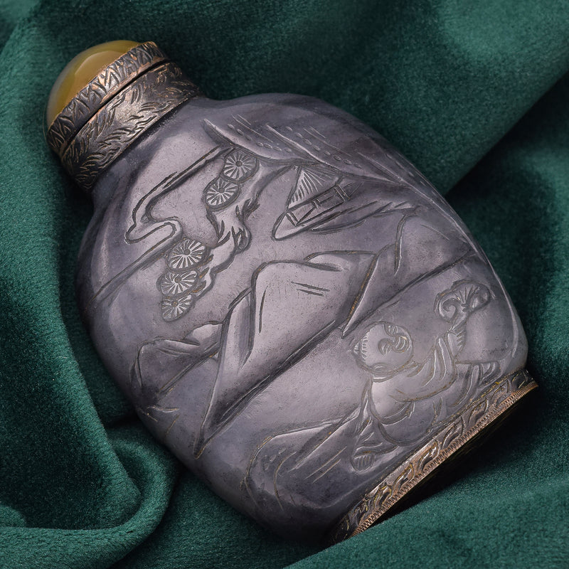 Antique Chinese Jade People Landscape & Crane Carved Snuff Bottle 133.1 Grams