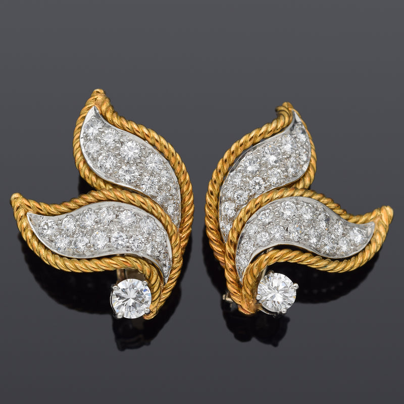 Vintage Platinum & 18K Gold 2.31 TCW Diamond Floral Clip on Earrings