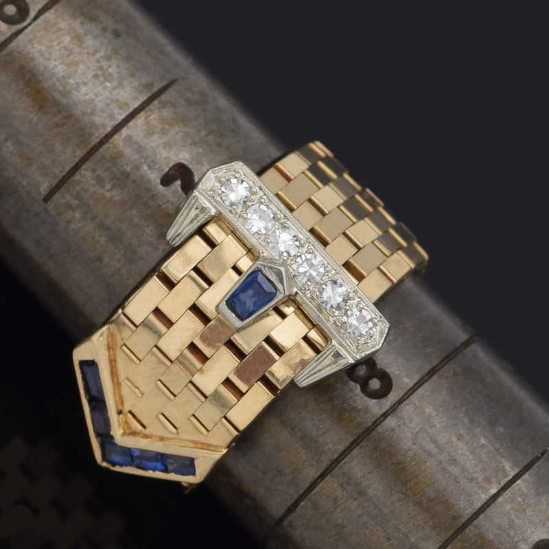 Vintage 14K Yellow Gold Sapphire & Diamond Adjustable Belt Buckle Band Ring