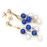 Vintage 14K Yellow Gold Lapis & Sea Pearl Beaded Multi-Strand Dangle Earrings