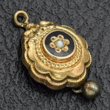Vintage 14K Yellow Gold Black Enamel Pearl Floral Charm Pendant