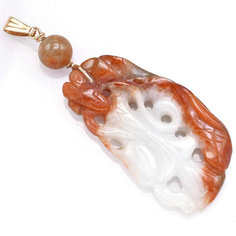 Vintage 14K Yellow Gold White & Red Jade Carved Deity Pendant