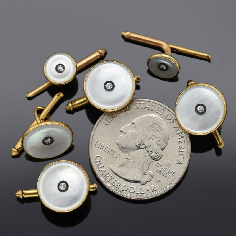 Antique 14K Yellow Gold Mother of Pearl & Diamond Cufflinks Shirt Stud Set