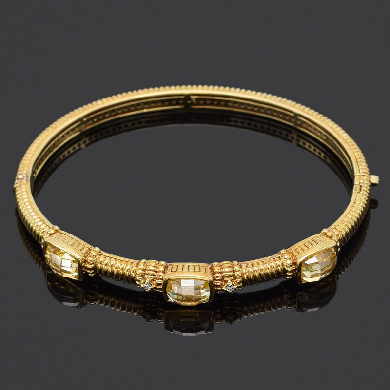 Judith Ripka 14K Gold Canary Crystal & Diamond Hinged Bangle Bracelet +Box 21.2G