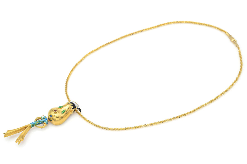Vintage Italy 18K Yellow Gold Sapphire Enamel Cartoon Figurine Pendant Necklace