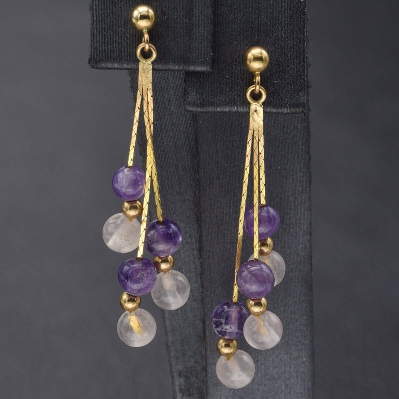 Vintage 14K Yellow Gold Amethyst & Rose Quartz Beaded Multi-Strand Dangle Earrings