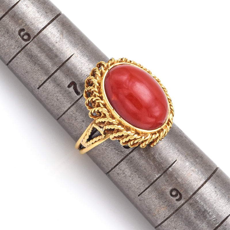 Vintage 14K Yellow Gold Red Coral Cabochon Oval Cocktail Ring