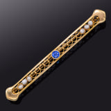 Antique 10K Gold Blue Paste & Sea Pearl Art Deco Bar Brooch Pin 56.2 x 6.7 mm