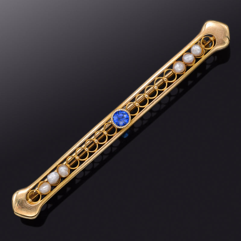 Antique 10K Gold Blue Paste & Sea Pearl Art Deco Bar Brooch Pin 56.2 x 6.7 mm