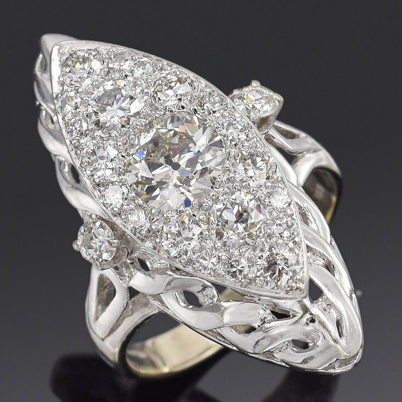 Antique 18K White Gold 2.17 TCW Diamond Art Deco Cocktail Ring +Box 6.9G Sz 6.25
