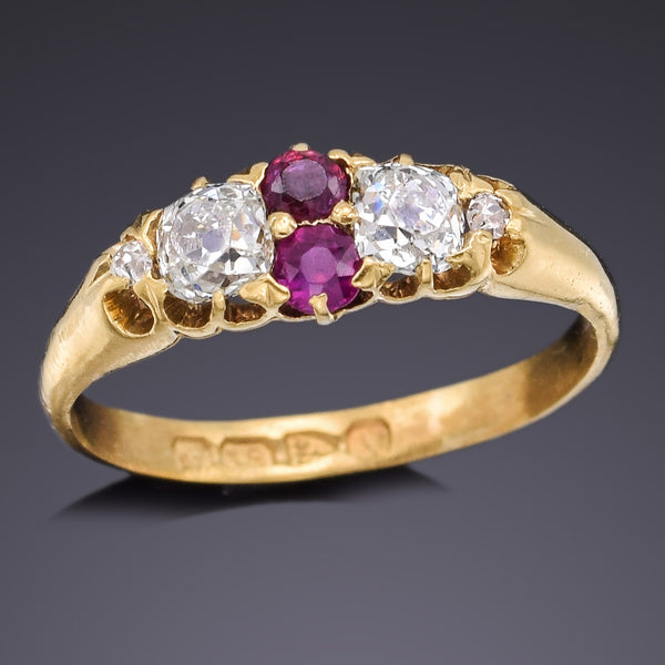 Antique 18K Yellow Gold Ruby & 0.59 TCW Old Mine Cut Diamond Band Ring