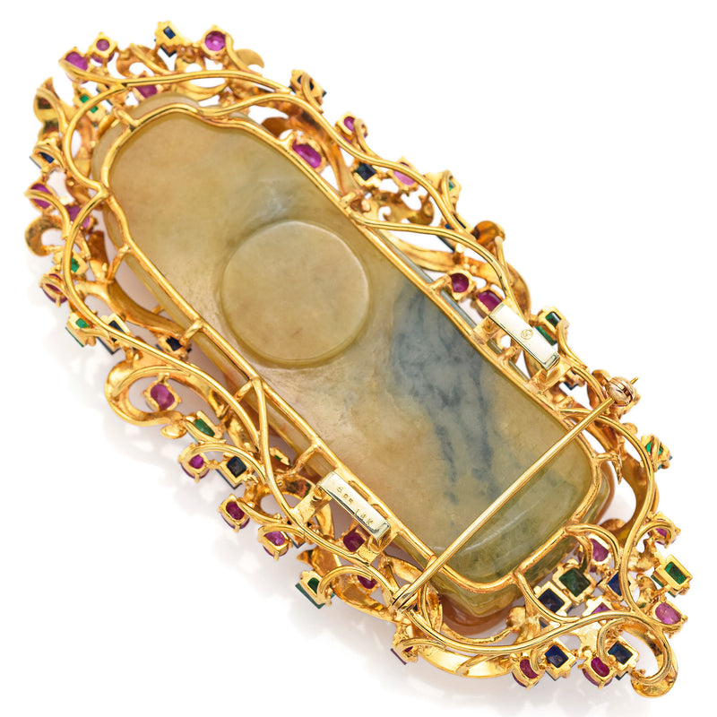 $15,000 Appraised 14K Gold Jadeite Jade, Ruby, Sapphire & Emerald Brooch Pin