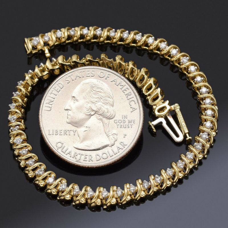 Vintage 14K Yellow Gold 1.10 TCW Diamond Swirl Link Tennis Bracelet